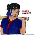 A digital drawing of Genesis Barrera, a Puerto Rican woman with medium brown skin and blue and black hair tied into a half bun. She is holding a bat behind her back and taunting.