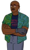 A digital drawing of Terrell Bradley, a middle-aged bald black man with two left hands, glasses, and an open Hawaiian shirt over a t-shirt with the words, Garages Grill Champ. He wears a glove on the left hand on his right arm. He looks at the viewer with a slight tired or sad smile.