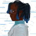 A digital drawing of Atlantis Georgias player Niq Nyong'o, a Kenyan woman wearing glasses and a white labcoat over a blue turtleneck. She has black dreads, fading to blue, which are pulled back in a ponytail. She is facing left.