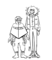 a digital sketch of ooze gunn and darth gamble standing next to each other and smiling. ooze is a very tall thin person made out of goo with a round pair of goggles that disappears into zer head. ze wears a bomber jacket over a button-up t-shirt, narrow-legged pants, and platform heels. darth, who is hypercarcinized and wears a poncho, cap, baggy pants, and slitted goggles, is much shorter than her.