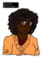 A digital drawing of Miria Senior. Miria is a Black woman with brown skin and curly textured shoulder-length hair. She has vampire teeth peeking out of her mouth and wears big circular glasses. She is wearing a cozy orange sweater.