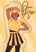 A drawing of Dunn Keyes, a Puerto Rican woman. She is wearing a yellow crop top and yellow and black skirt.