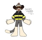 A drawing of an interpretation of Socks Maybe as a child dressed as a sock monkey wearing a firefighter jacket.