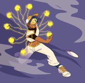 A digital full-body illustration of Lars Taylor pitching the winning game of the Season 11 Internet Series. They are wearing a white crop-top Sunbeams uniform with yellow accents, a black short sleeve undershirt, and a matching white and yellow blaseball cap. He's encircled by nine glowing spectral hands.