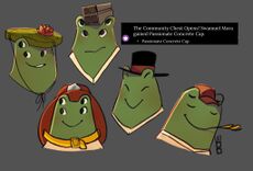 Digital drawings of Chicago Firefighters player Swamuel Mora upon receiving the Passionate Concrete Cap, depicting it as a lily pad, steel beam, traditional firefighter hat, top hat, and red blaseball cap.
