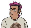 A digital drawing of Val Hitherto, a young Chinese man with a mustache, rectangular glasses, short spiky hair dyed pink at the ends, and a t-shirt with the words, trans port. He looks to one side.