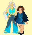 A drawing of Jenna Maldonado and Jomgy Rolsenthal. Jenna is a tall, skinny alien with glowing yellow skin, antenna and rainbow hair. She is wearing platform sandals and wide jean pants with a blue flame motif. She is also wearing a tube top designed to look like flames. Jomgy is a short, chubby woman. She is wearing a dress made of strands designed to look like the black hole icon from the Blaseball website.