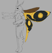 A digital drawing of Kaz Fiasco, a moth player with 4 arms and black & gold wings.