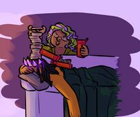 A digital drawing of Kaj Statter Jr and Jayden Wright. Jayden is a brown-skinned woman with medium-length dark hair and a 'crown' of sharp bones with glowing purple cracks. She is laying face down on a pillow on a couch, with a blanket on. Behind her, Kaj Statter Jr., a dark-skinned person with green and purple hair, glasses, and a mischievous grin, is stacking a tall stack of crackers on top of Jayden's head.