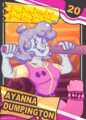 A digital Tlopps card in which Ayanna is a humanoid water bottle with fluffy water hair. She is holding her bat across her shoulders with both hands, and is looking at the viewer with a big smile. She is wearing a pink and yellow Lift uniform.