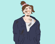 A drawing of Mike Townsend from Blaseball. Mike is a thin white man with acne and a scruffy beard and mustache. Mike is wearing a mechanic outfit and is covered in grease. His hair is tied up with a scrunchie and he is smiling.