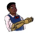 A digital drawing of Fitzgerald Wanderlust, a Black butch person with dark brown skin and short-cropped buzz cut hair. She is holding out his golden prosthetic hand to shake someone's hand. He is wearing a blue blazer and white button up shirt.