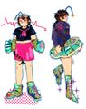 two colored digital drawings of halifax, a white teenager with brown hair in a knee-length braid and an anglerfish lure on their head. In both, they wear the bright Lift colors, with bright blue, dark blue, and hot pink. In the left, he wears a big pair of boxing gloves reminiscent of the mantis shrimp's claws, short shorts, bulky shoes, goggles pushed onto his forehead, and a cropped sailor's shirt. In the second, they face away from the viewer and wear a tutu and a jacket with a nonbinary flag on the shoulder and a fish on the back.