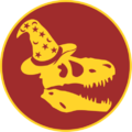 A simplified image of a T-rex skull wearing a wizard hat. The image is red and yellow.
