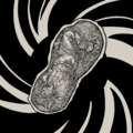 a black and white digital drawing of a cross section of a peanut with a stylized black hole in the background. the peanut contains cudi di batterino, a fat butch japanese-argentine woman who is wearing a lift uniform. he is upside down, his legs are bent to fit in the cramped shell, and his arms, one of which has squid suckers and a squid eye on his palm, push out on on the side facing the viewer. his hair has grown into the shell, and the fibrous strands fill the empty spaces and tangle with his limbs. he grimaces with eyes are filled in with the darkness of the black hole behind him.