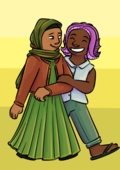 A digital drawing Hahn Fox, a dark-skinned woman in a sleeveless blue button-up top with pink squid-tentacle hair and her wife Priya, a brown-skinned woman in a long green skirt and matching hijab.