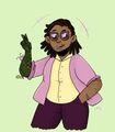 A digital drawing of Margarito Nava, a chubby person with light brown skin, shoulder length locs, short facial hair, and an arm made of vines and flowers. Margo is wearing a pink jacket, yellow button up, dark pink pants, and dark purple sunglasses. Xe is giving a peace sign with xir plant arm and smiling. The background is light green.