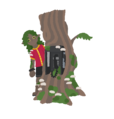 A drawing of Melton Telephone peering out from behind their tree. Their tree has a phone booth embedded in it and is covered in moss and shelf fungi. Melton is wearing their Magic jersey and a bracelet made of a telephone cord.