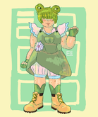 A drawing of Chorby Short from blaseball in her human form. She is a young, fat woman with short green hair that covers her eyes. Her hair is up in two buns that have eyes on them. She is wearing a magical girl outfit that consists of overalls that have a lily pad shaped skirt, a shirt with poofy sleeves, shorts, and timbs.