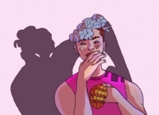 A digital drawing of Lou Roseheart from the mid torso up. She is wearing a bright magenta tank top and is eating a mango. Their hair is the same color as the last two drawings, but she has an undercut and a side shave, with the top part of their hair pulled into a bun. Their right hand is lifted to cover their mouth while the other holds a mango that has been cut and pushed out to look a bit like a turtle shell. Lou’s shadow has their arm extended to rest on Lou’s left shoulder while she leans to peer over Lou’s right. /end image description