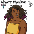 A digital drawing of Masone, a black girl with long curly hair dyed pink at the ends and a yellow sundress. She has a good-natured lopsided smile as she looks to one side.