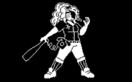 A black and white pixel sprite of Jessica Telephone. She is wearing a baseball uniform and has fluffy hair. One hand is holding her bat and the other is making a 'bring it on' motion. There is a telephone on her hip connected to her bat with a wire. One half of her face has buttons on it and the other half is covered in shadow.