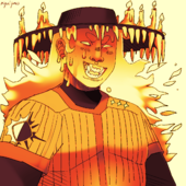 An image of Miguel James looking rad as hell in her Sunbeams jersey and a wide brimmed hat with sharp teeth arranged around the brim pointing down like stalactites and candles lit along the top of the brim. His hair is long and made of flames. He's smiling and across his face are droplets of something, reminiscent of candle wax, making it look like she's melting.