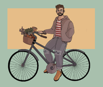 A digital drawing of Joshua Butt. Butt is seated on a blue-grey bike. They have on a striped shirt paired with worn jeans, a hoodie, yellow slip on shoes, and flower patterned socks. They have the same hair and glasses, and is facing full front in this image. Attached to the front of their bike is a basket filled with groceries, Tupperware, and a few flowers. /end image description