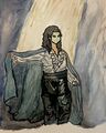 A watercolor of Eve Mcblase. Eve is a trans woman with long black hair and pale skin, wearing a base-shaped mask with stylized eyes on it. She is wearing a vampire-like outfit with a big cape, which she is holding out to the side, a white ruffled shirt, black pants and tall shiny black boots. The background is a dark stage with a spotlight on Eve.