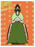 A digital drawing of Lady Matsuyama holding Bibby Trunbo. Lady is a Japanese woman with short black hair that's tied back and who uses a wheelchair. She is wearing a light green shirt with horizontal white stripes and a long green skirt. She is holding Bibby, a small ray, in her lap. The image's background is orange with polkadots, and "Happy Solstice!" is written in the upper left.