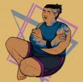 a colored digital line drawing of cudi di batterino, a fat muscular japanese-argentinian butch woman with a single above-knee amputation. his greying hair is pulled back in a bun, and he has a lip piercing and two cartilage piercings on one ear. his left shoulder and right arm are partially colored with mottled blue, and the underside of that arm has a slight pattern resembling that of squid suckers. he sits on the ground and crosses his arms as he looks towards the viewer out of the corner of his eye.