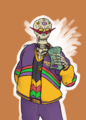 Vito Kravitz in the Blaseball Cares Tacos bomber jacket, holding a wad of infinity-dollar bills.