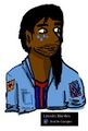 A digital drawing of Lincoln Blortles, an Indian nonbinary person with long black hair and brown skin and patchy facial hair. Star has on a denim jacket with patches, and has star stickers on star's face.