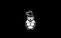 A black and white sprite of Gunther O'Brian from Blaseball. He is a small penguin wearing a baseball jersey with a shoe on his head.