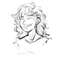 A digital sketch of Masone, a girl with long wavy hair and bangs held back by a barrette. She is closing her mouth and smiling with a tilted head.