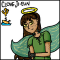 A digital portrait of Ji-Eun Clove. Ji-Eun is a Korean person with long brown hair, pale skin, a skinny build, a golden halo, and turquoise and gold wings resembling a sea angel. It has a neutral expression on its face, looking towards the camera, and has its left arm reaching across its body. It is wearing an olive-green dress. Its name is written at the top, and its team history is provided on the left side, showing a progression from the Atlantis Georgias to the Miami Dale. It is drawn over a plain white background.