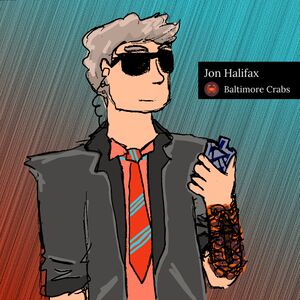 A digital drawing of Jon Halifax, a silver-fox-ish tall middle aged white man with salt and pepper hair. He is wearing a suit with the sleeves rolled up to the elbows, over top of a button up orange shirt and a red and blue tie in Crabs colors. He is wearing sunglasses and has a Secret Service style ear communicator in his ear. He has knit orange arm warmers over his forearms covering up an indistinct dark blob shape on his arms.