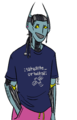 A digital drawing of Bootleg, a light blue android with hair made from charging cables and USB cords tied back with a zip tie, long curved receivers where ears would be, and a t-shirt with the satellite orbital emote. Bootleg grins and looks to one side, hands in pockets.