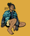 A digital drawing of Grollis Zephyr, a black japanese person with a slight unibrow and mustache, long dreadlocks tied back in a bun, fingerless gloves, and hoop earrings. Ze is sitting in a relaxed position on the ground as ze looks at the viewer with a slightly sour expression.