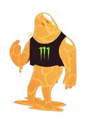 A digital drawing of Mueller, an orange mlonster energy drink homunculus wearing a black crop top with the green letter \"M\" mlonster logo on it.