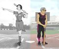 Two side-by-side drawings of Nandy Slumps on a blaseball field. Both are imitating photos. The left one is in grayscale, showing a young Slumps in a blaseball uniform with a skirt and a blurred out logo. The right is in color, with a much older and more muscular Nandy with gray hair, an eye patch, and a sleeveless Lift uniform. She looks triumphant in the first, and tired in the second.