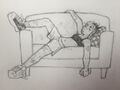 A pencil drawing of Kit, a freckled Japanese person in a black bra and short shorts. Kit has short yellow and black hair and is sprawled across a couch looking bored.