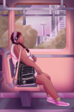 A digital drawing of Summers Pony. Summers is a fat Mexican-American human woman with brown skin and dark hair in a braid. She has pink flowers in her hair. She is shown in profile sitting on a train car seat and leaning on her backpack, which has a bat in it and a Garages logo on it. She is listening to music on a Walkman. Outside the window is a view of Seattle. The lighting is pink.
