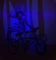 An image of a mysterious glowing fae-like spirit on a bike. They are in a forest.