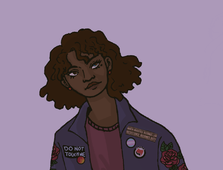 A bust Drawing of Rivers Rosa. Her brown hair is to her shoulders, and she has wavy eyebrow length bangs. Her eyes are two different colors and her ears have small red piercings in the lobe. She is wearing a maroon colored shirt with a dark purplish blue jacket. Her jacket has a few pins attached to it; a transgender pride pin, a flame decal pin, and an antifa pin. She has large rose flower patches on the arms of her jacket, as well as two patches on both sides of the front of her jacket. The patch on her left says, “When injustice becomes law resistance becomes duty”. The patch on her right says, “Do not touch me”. She has a neutral expression on her face as she tilts her head slightly to the right. /end image description