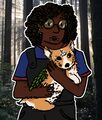 A digital drawing of Miria Senior. Miria is a Black woman with brown skin and curly textured shoulder-length hair. She has vampire teeth peeking out of her mouth and wears big circular glasses. She is wearing overalls over her Garages jersey and is holding Mugs Cone close to her chest. Mugs is a corgi dog with leaves on his back.