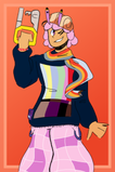 A digital image Shirai McElroy, she is dressed in: Her customary snail hard hat, which her pink lidar sensing eyestalks peeking out from under; a pair pink checkered pants; a knitted hyperbolic scarf with blue, red, yellow and gray stripes; and a long sleeved navy shirt displaying the "Signal Lost" graphic. She is smirking confidently, winking her pikn left eye closed, and holding her sewing machine bat in her raised right hand, which has a red kumihimo around it.