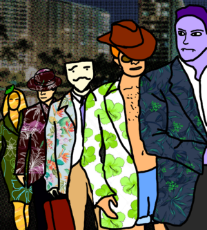 Juice Collins, Don Mitchell, Evelton McBlase, Stevenson Heat, and Beck Whitney wearing floral pattern suits walking in a line amid an evening scene, definitely not looking like they're about to commit a heist