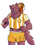 A digital drawing of Howell Franklin in a Sunbeams crop-top jersey and cargo booty shorts, holding a blaseball bat over his right shoulder. A blaseball cap is hanging off the end of the bat.