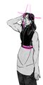 A digital drawing of Pantheocide on a blank background. Gerund is a buff woman with grey skin and long black hair with a pink streak and a pink halo-like ring around her head. She has a black zip-up turtleneck tank top and baggy pants. One arm is raised to cup the back off her head as she looks at the viewer with a tired smile.